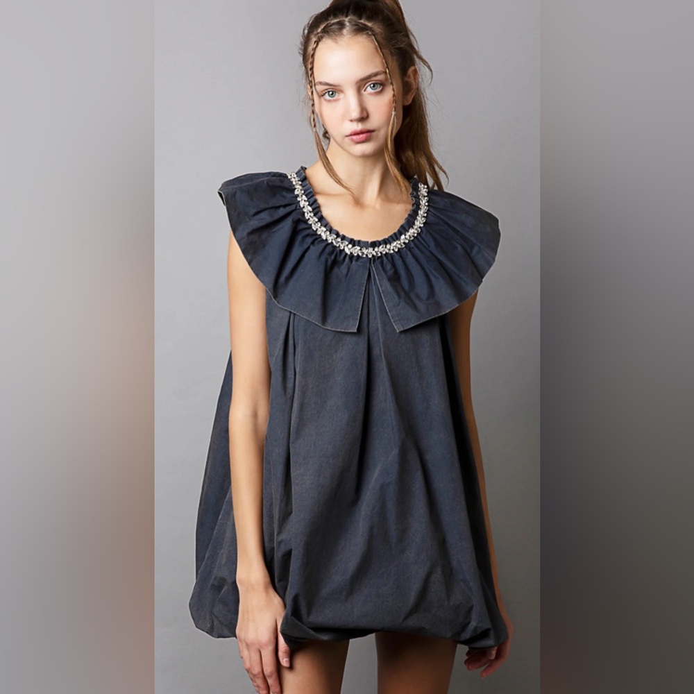 POL Black Mini Dress with Embellished Collar